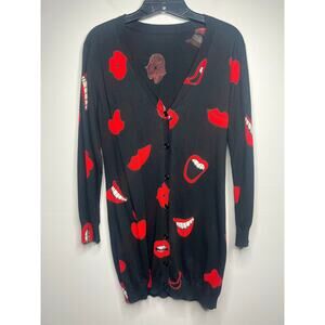 All Over Lip Print Cardigan Sweater Button Front Kisses Mouth Valentine's Day